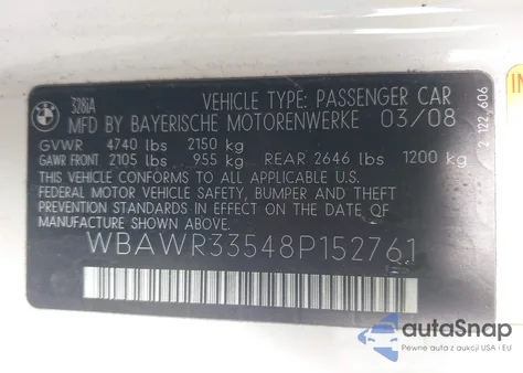 2008 BMW 328I z USA, uszkodzony, nr VIN WBAWR33548P152761